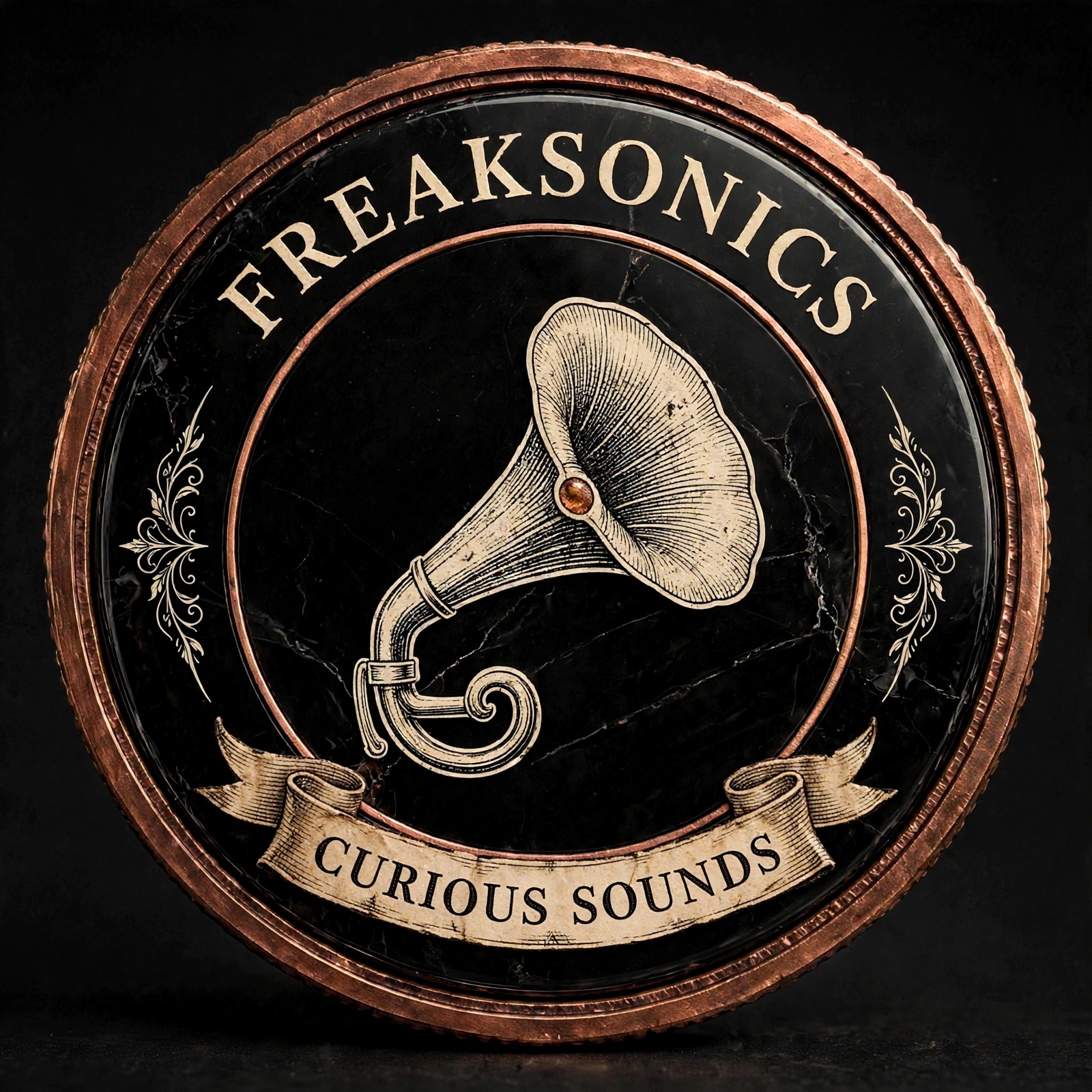 Freaksonics Curious Sounds engraved phonograph badge